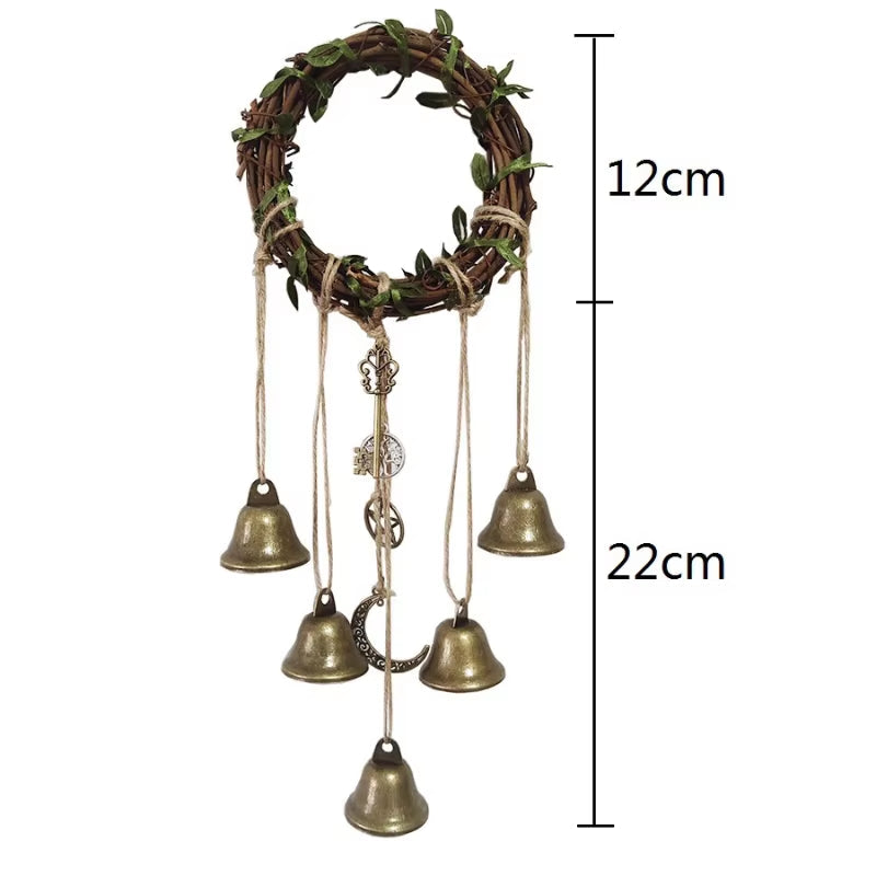 Rustic wreath wind chimes with brass bells for protection and home decor