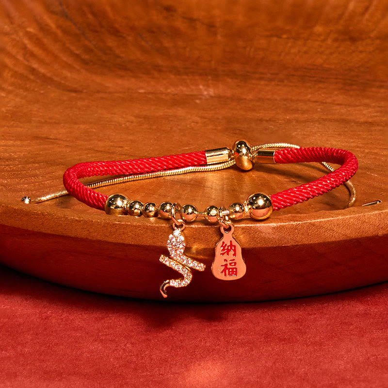 Bracelet de protection pour femme avec personnage Fu et corde rouge, Année du Serpent