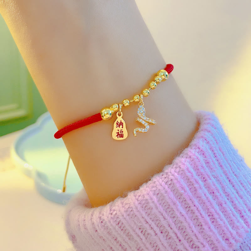 Bracelet de protection pour femme avec personnage Fu et corde rouge, Année du Serpent
