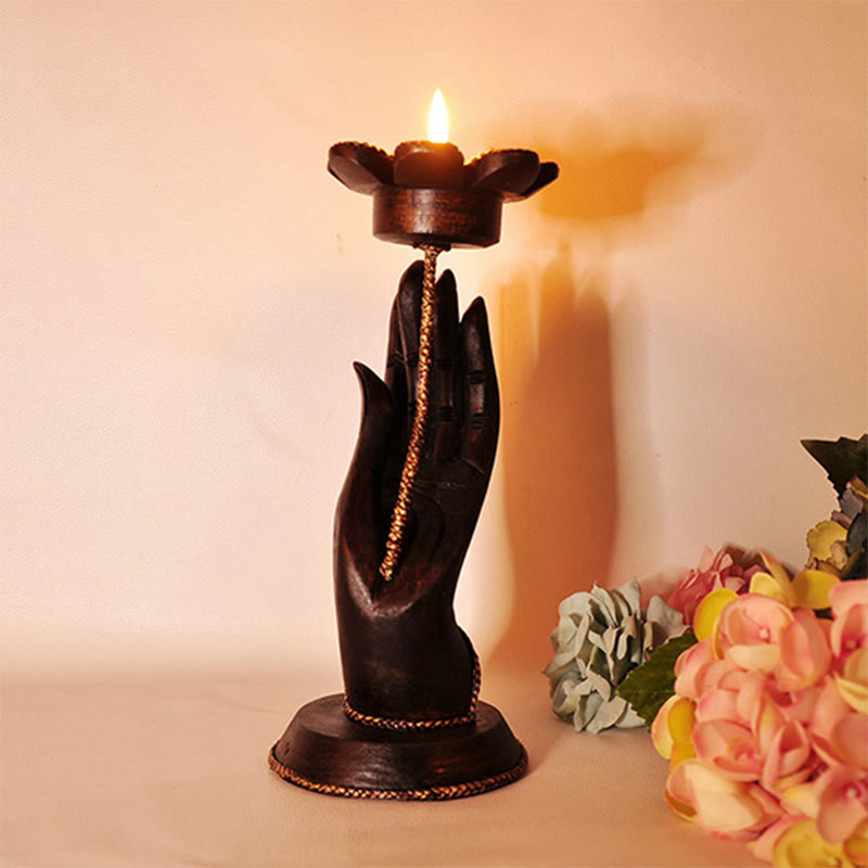 Bougeoir en bois motif main | Décoration spirituelle pour la maison