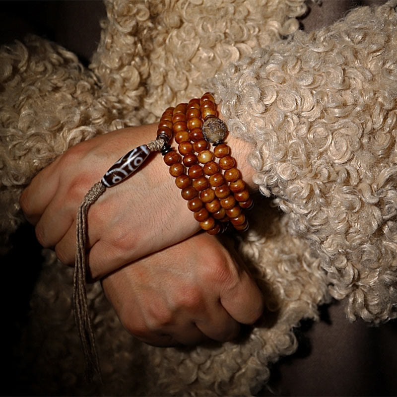 Bracelet de protection en os de yak avec perle dzi à trois yeux - 108 perles