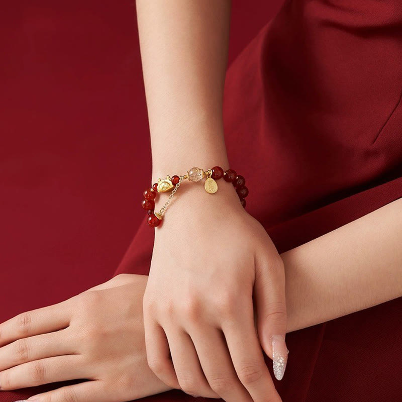 Bracelet porte-bonheur en agate rouge Année du Dragon 14-16 cm