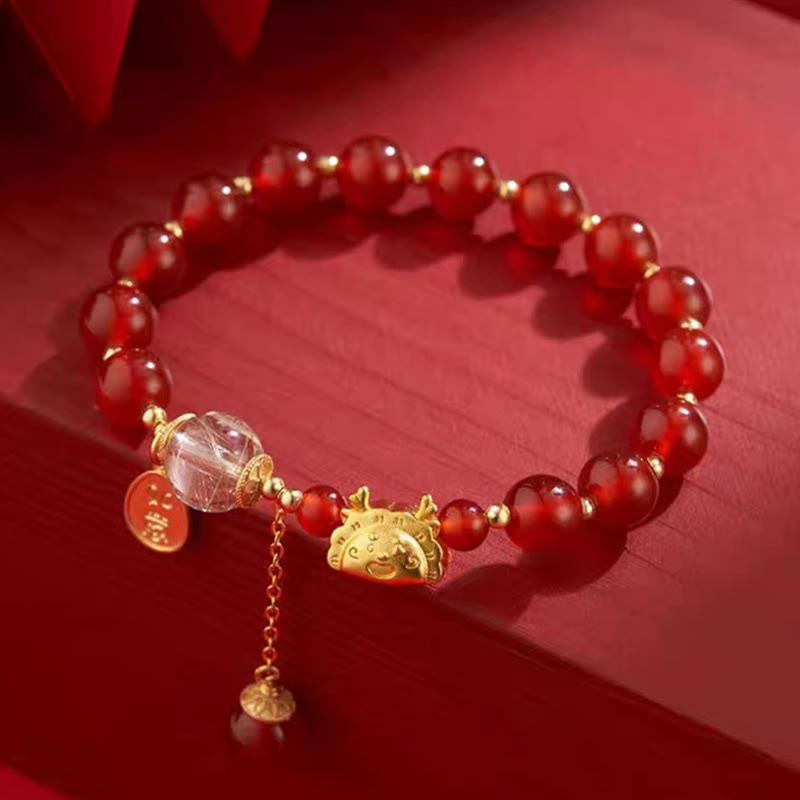 Bracelet porte-bonheur en agate rouge Année du Dragon 14-16 cm