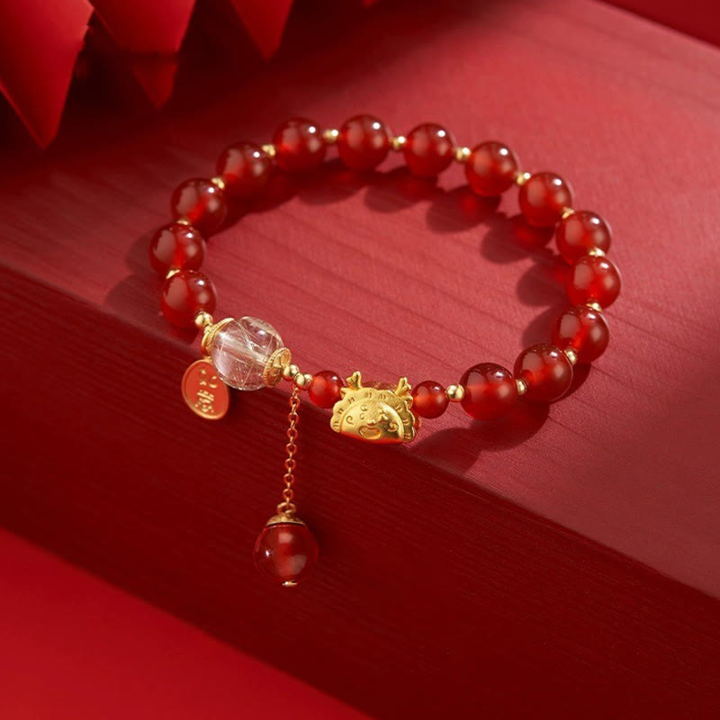 Bracelet porte-bonheur en agate rouge Année du Dragon 14-16 cm