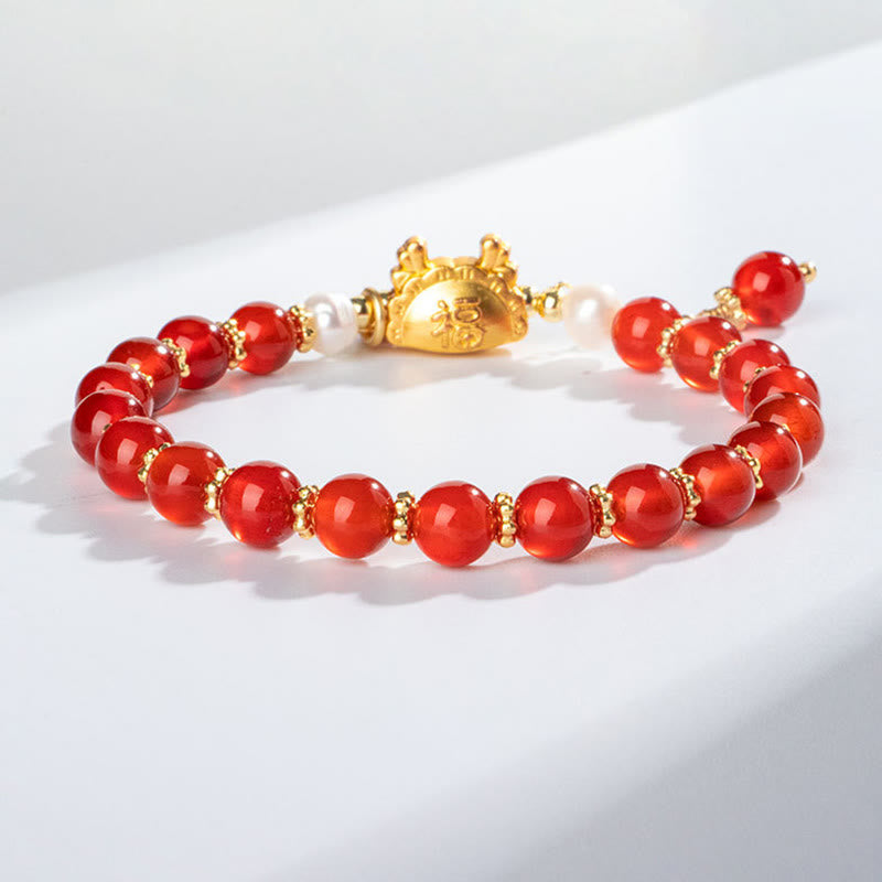 Bracelet porte-bonheur en agate rouge Année du Dragon 6 mm unisexe
