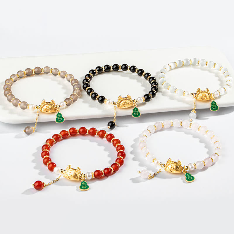 Bracelet porte-bonheur en agate rouge Année du Dragon 6 mm unisexe