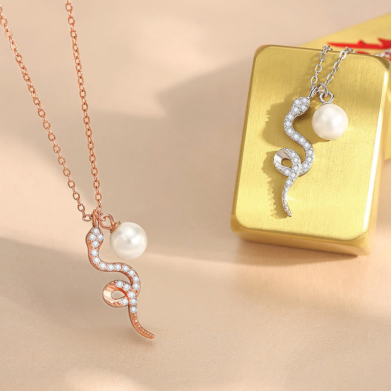 Collier de perles Année du Serpent en argent sterling 925 et or