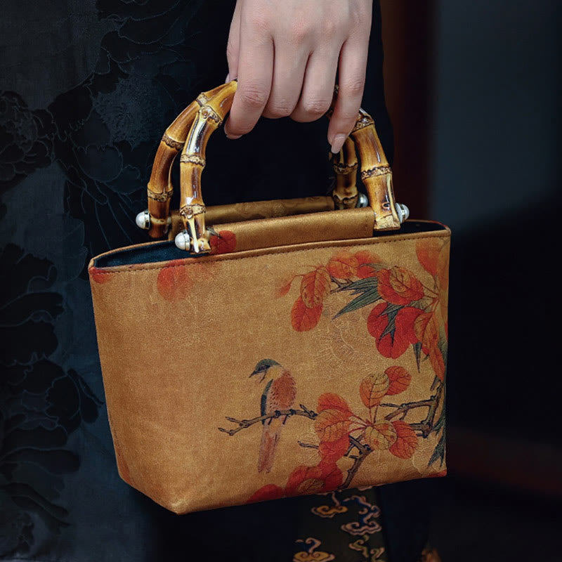Sac à main à anse en bambou motif pivoine verte et oiseau jaune | Accessoire spirituel
