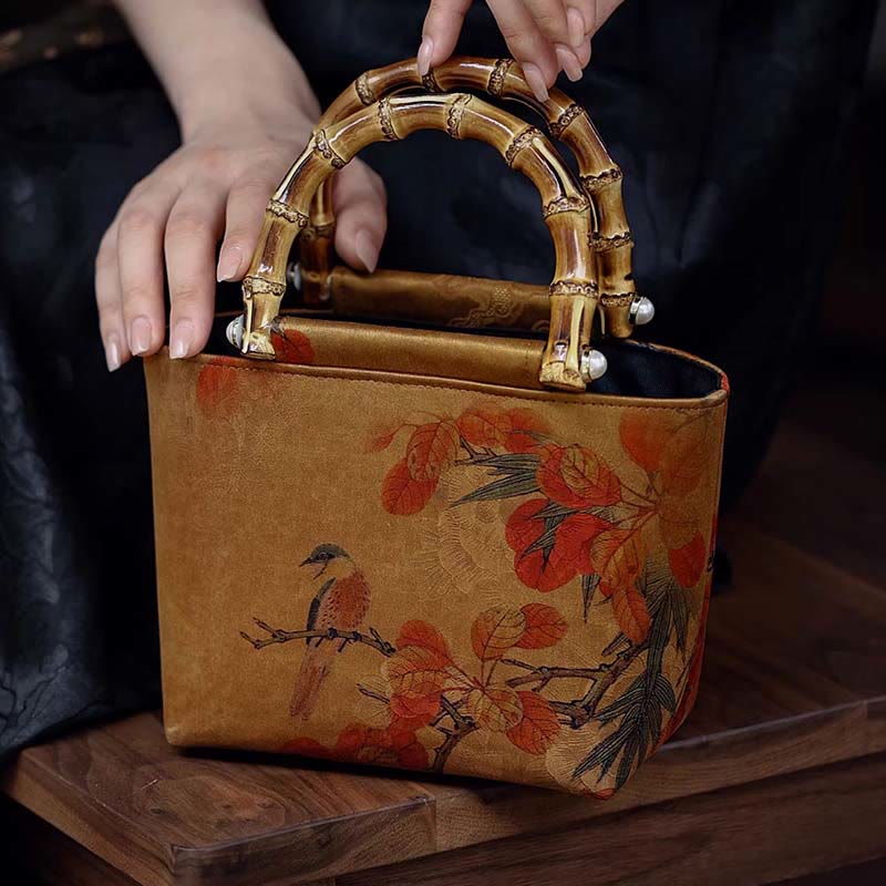 Sac à main à anse en bambou motif pivoine verte et oiseau jaune | Accessoire spirituel
