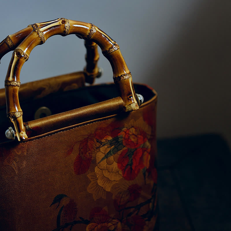 Sac à main à anse en bambou motif pivoine verte et oiseau jaune | Accessoire spirituel