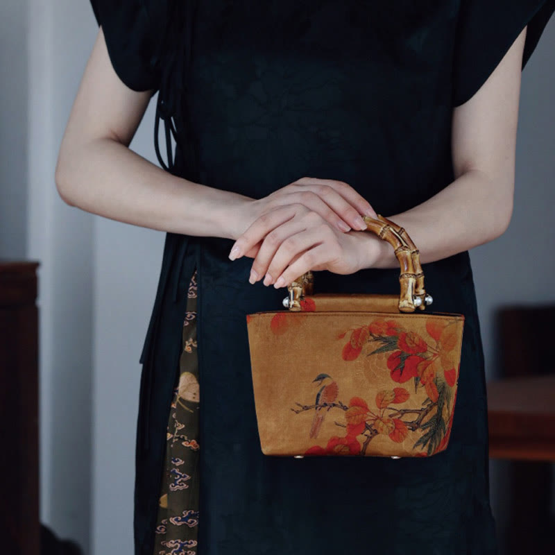 Sac à main à anse en bambou motif pivoine verte et oiseau jaune | Accessoire spirituel