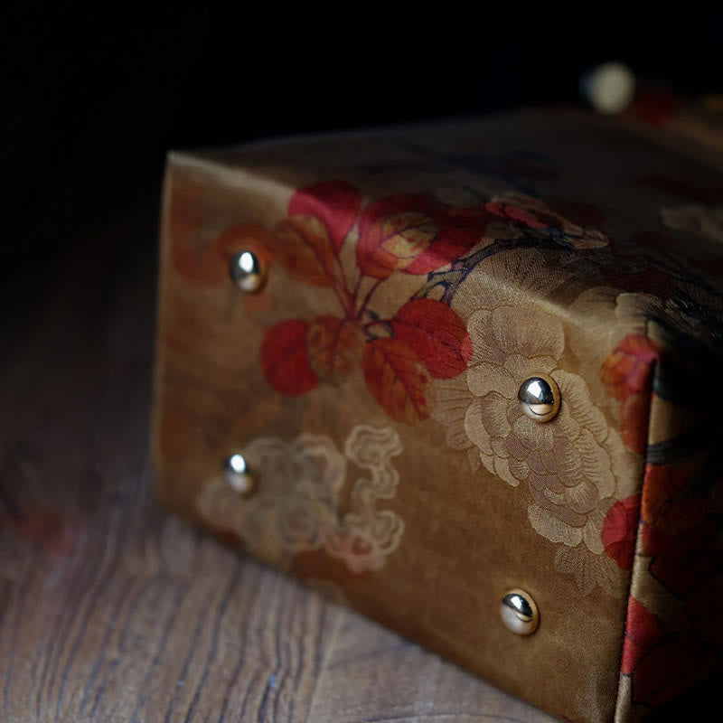 Sac à main à anse en bambou motif pivoine verte et oiseau jaune | Accessoire spirituel