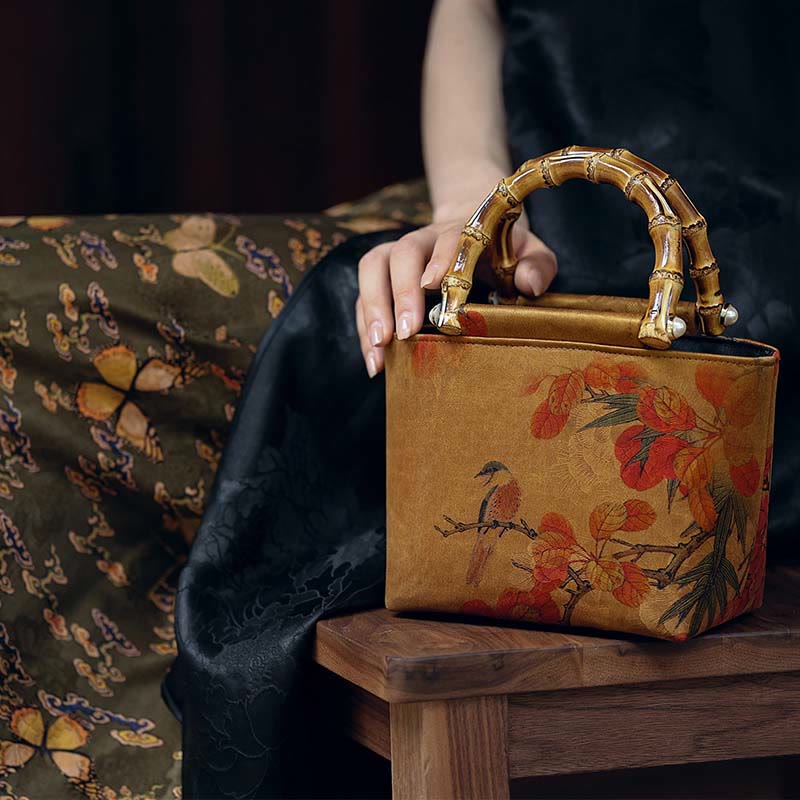 Sac à main à anse en bambou motif pivoine verte et oiseau jaune | Accessoire spirituel
