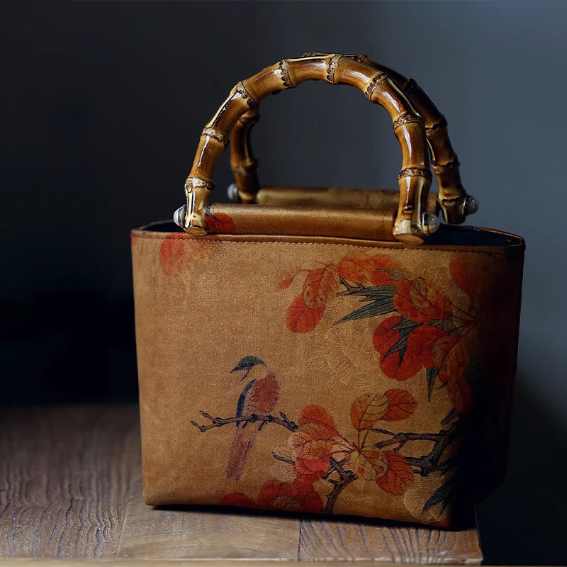 Sac à main à anse en bambou motif pivoine verte et oiseau jaune | Accessoire spirituel
