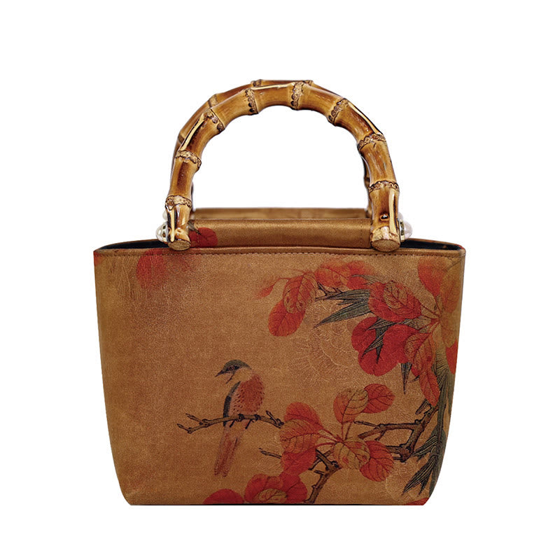 Sac à main à anse en bambou motif pivoine verte et oiseau jaune | Accessoire spirituel