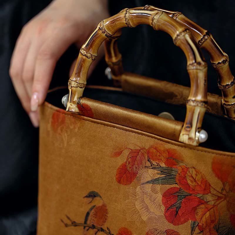 Sac à main à anse en bambou motif pivoine verte et oiseau jaune | Accessoire spirituel