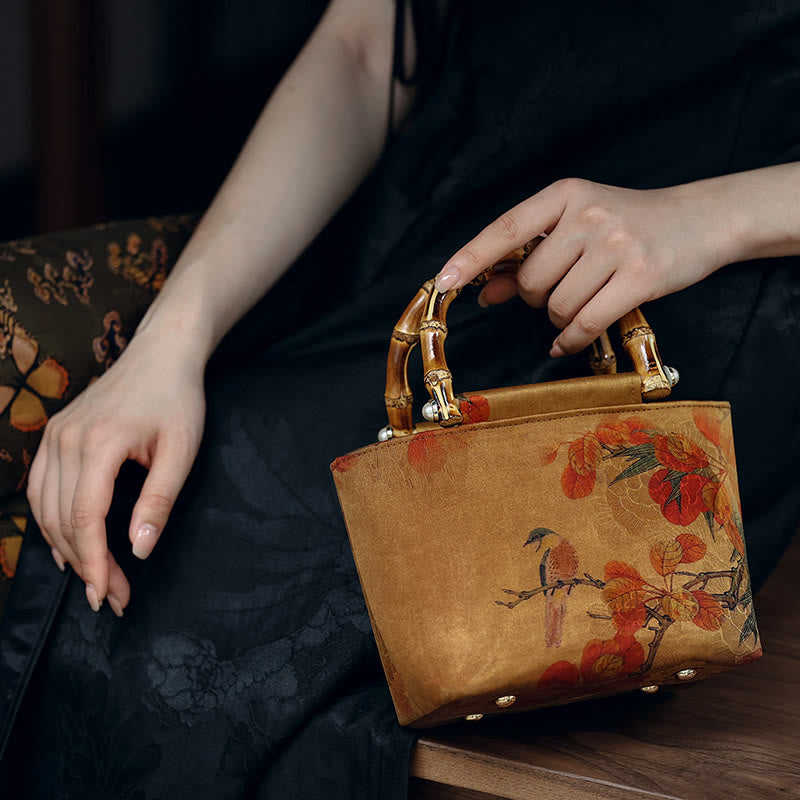 Sac à main à anse en bambou motif pivoine verte et oiseau jaune | Accessoire spirituel