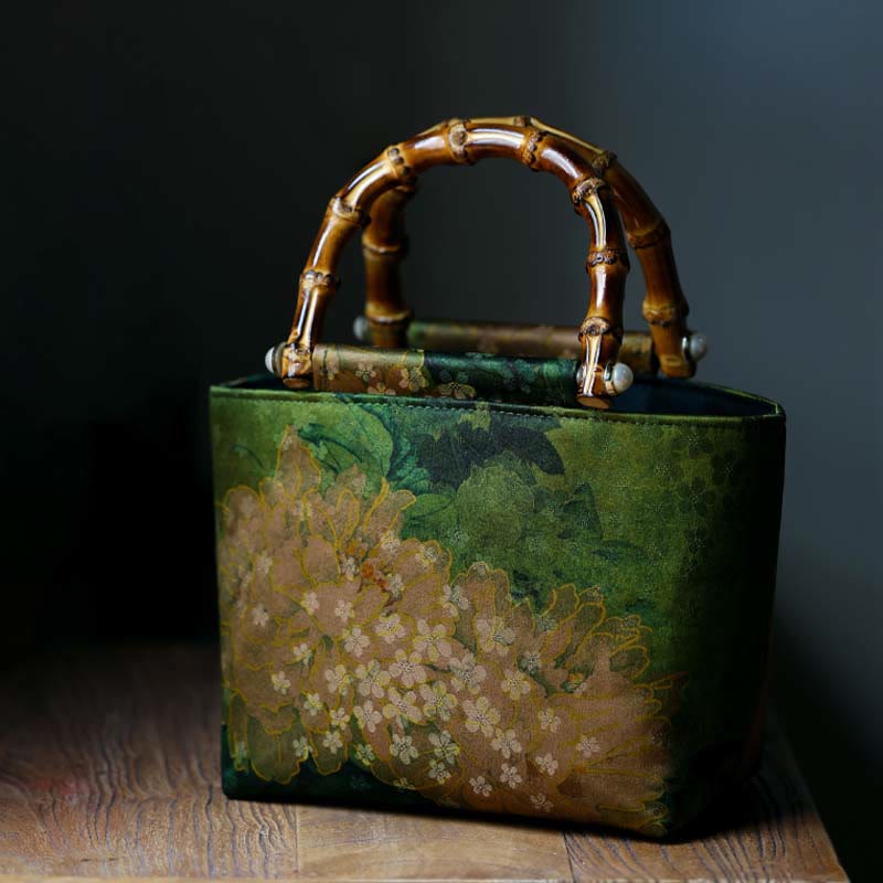 Sac à main à anse en bambou motif pivoine verte et oiseau jaune | Accessoire spirituel