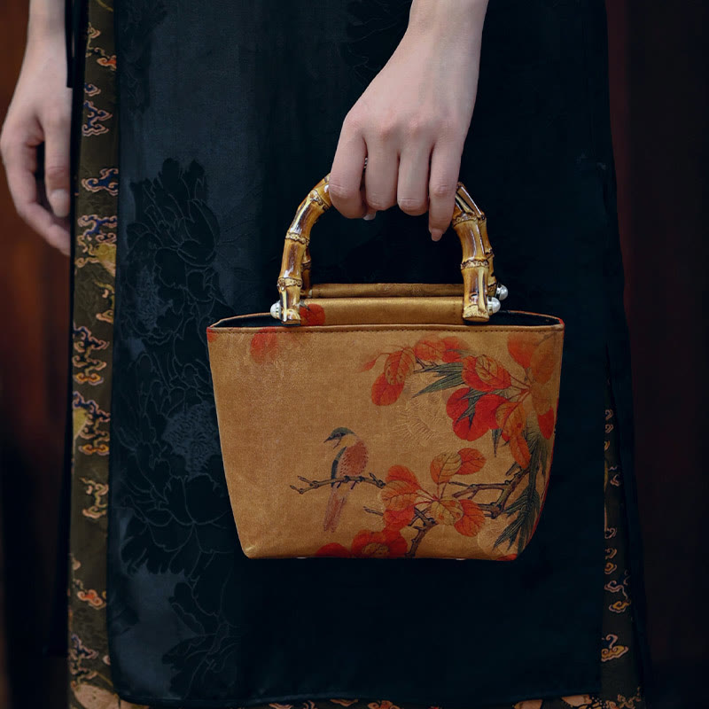 Sac à main à anse en bambou motif pivoine verte et oiseau jaune | Accessoire spirituel