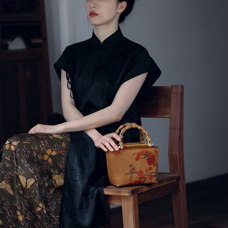 Sac à main à anse en bambou motif pivoine verte et oiseau jaune | Accessoire spirituel