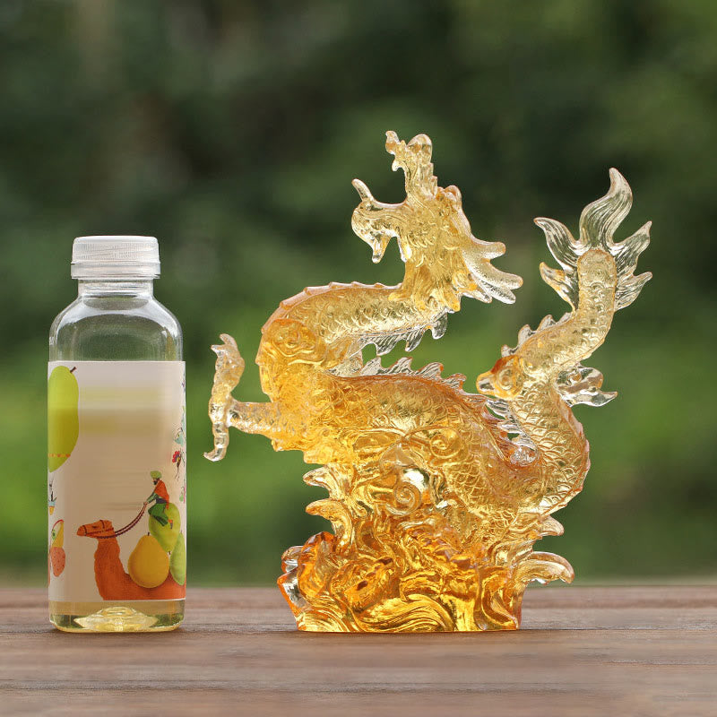 Figurine d'animal spirituel en cristal Liuli Dragon jaune 8"