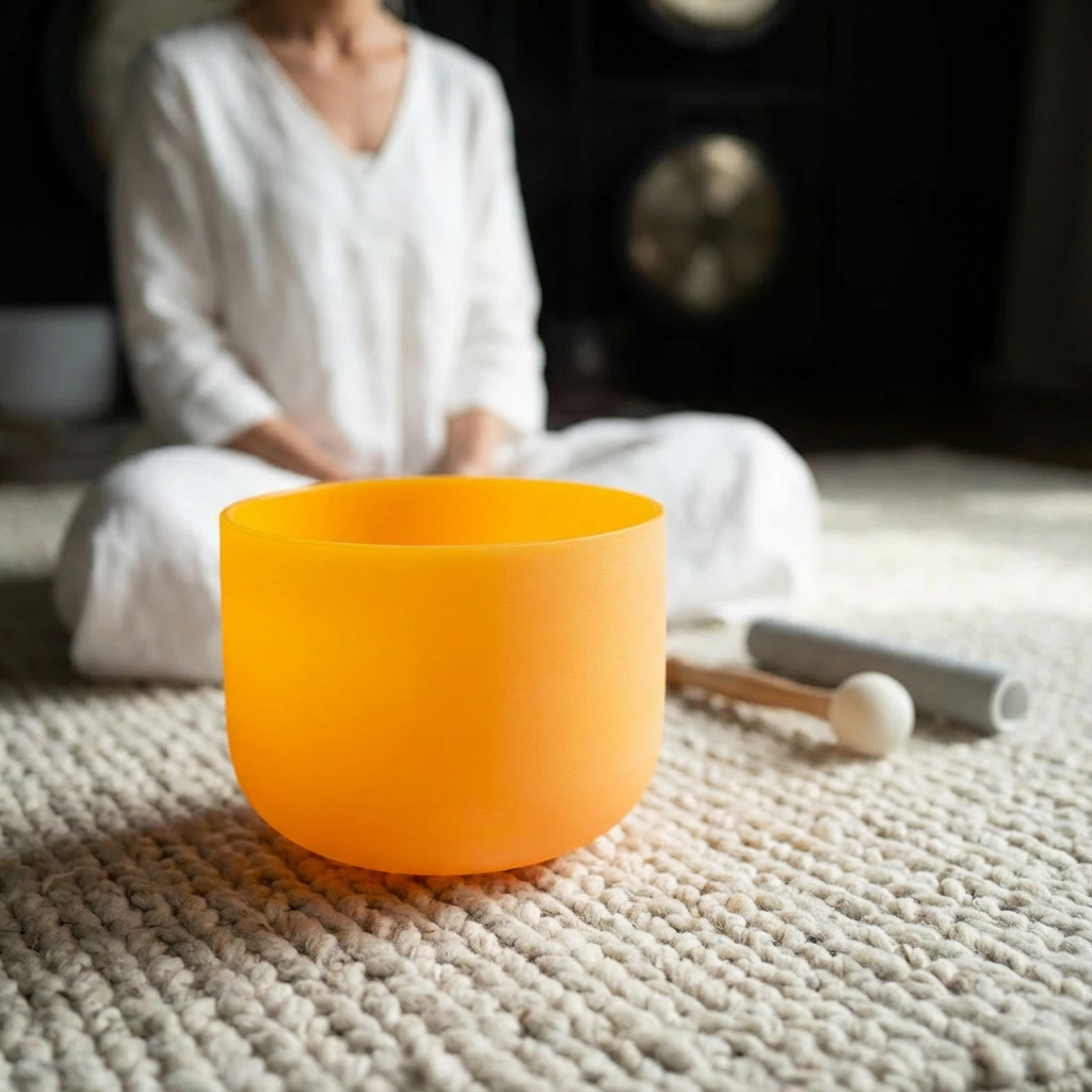 Bol chantant en cristal pour chakra du plexus solaire, note Mi jaune