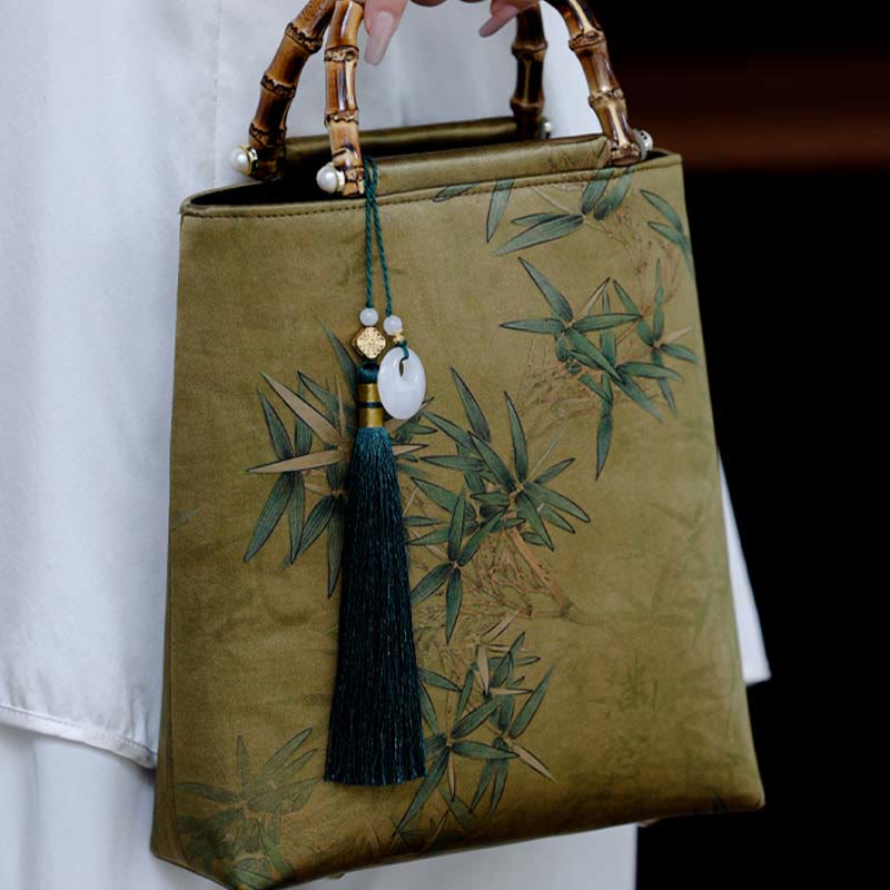Sac à main en bambou jaune vert avec anses en bambou | Accessoire spirituel