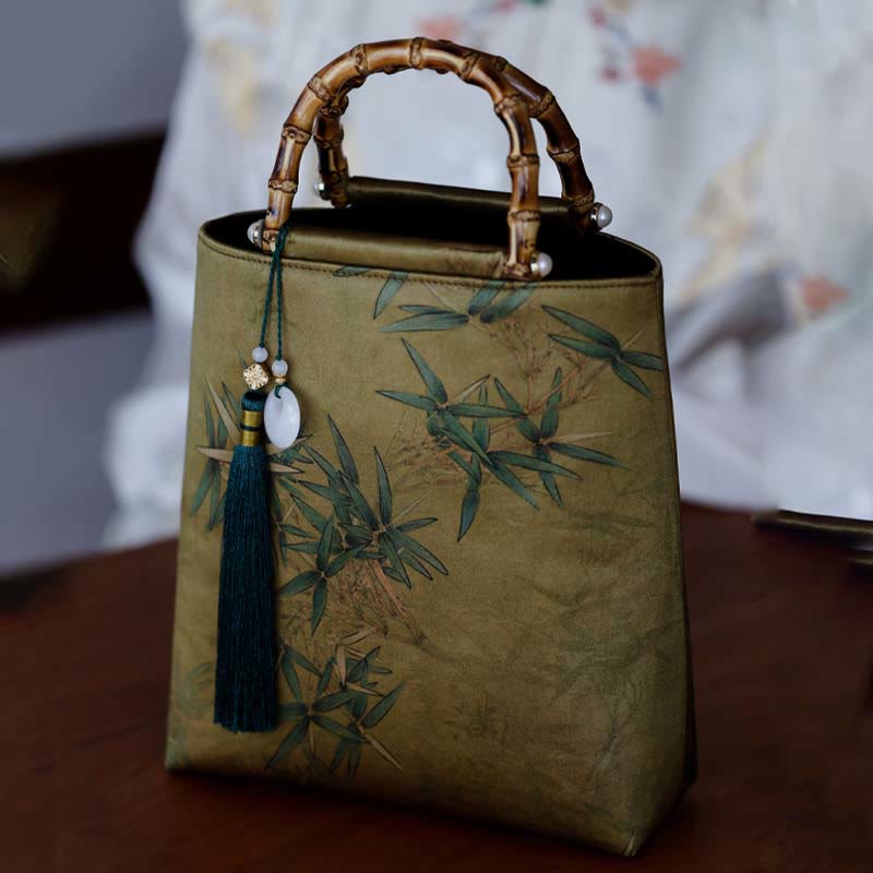 Sac à main en bambou jaune vert avec anses en bambou | Accessoire spirituel