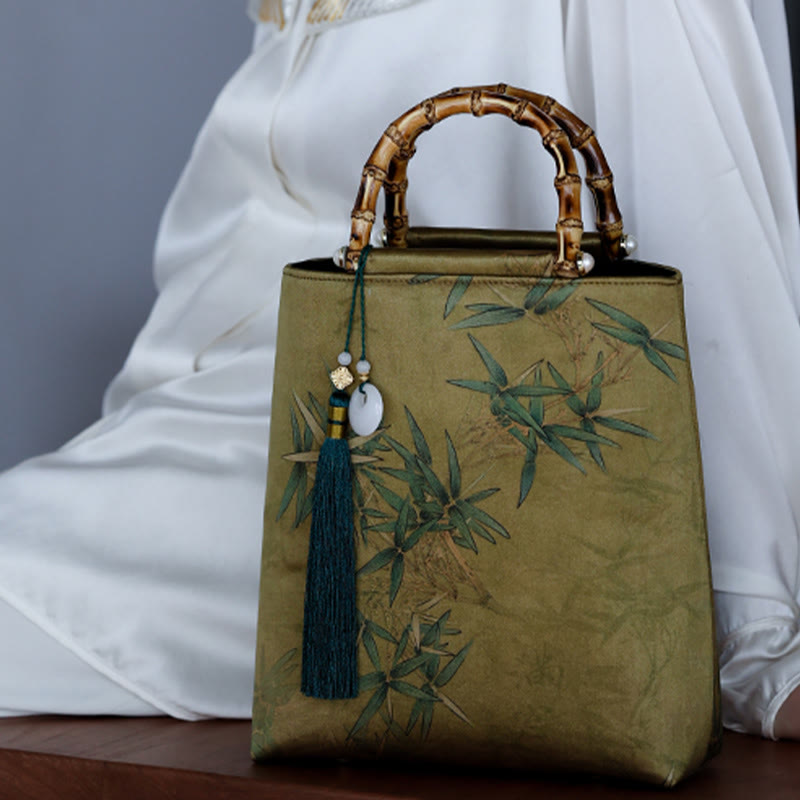 Sac à main en bambou jaune vert avec anses en bambou | Accessoire spirituel