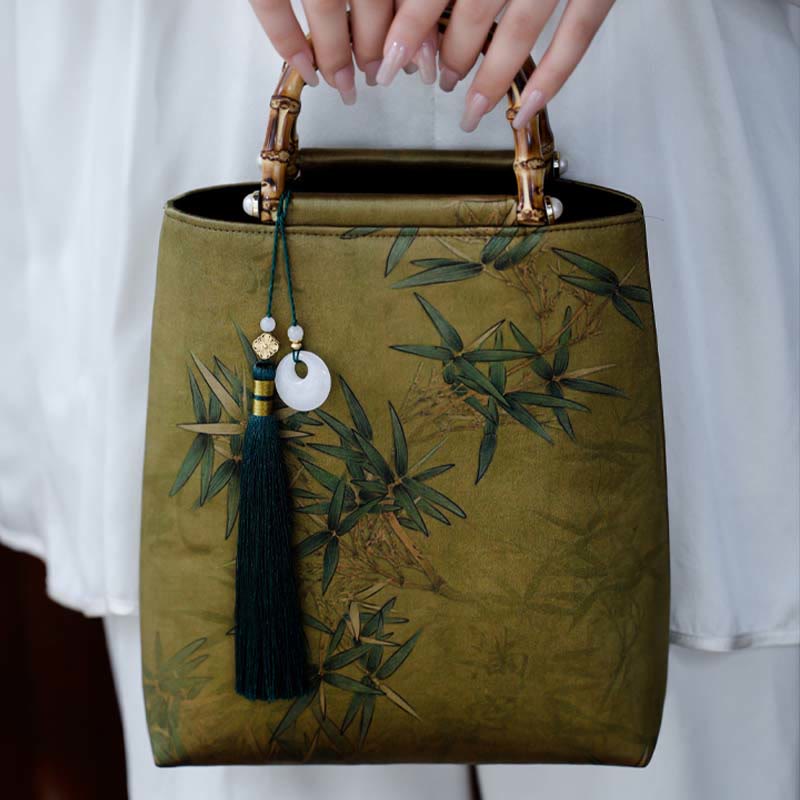 Sac à main en bambou jaune vert avec anses en bambou | Accessoire spirituel