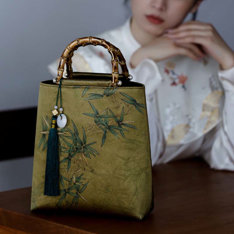Sac à main en bambou jaune vert avec anses en bambou | Accessoire spirituel