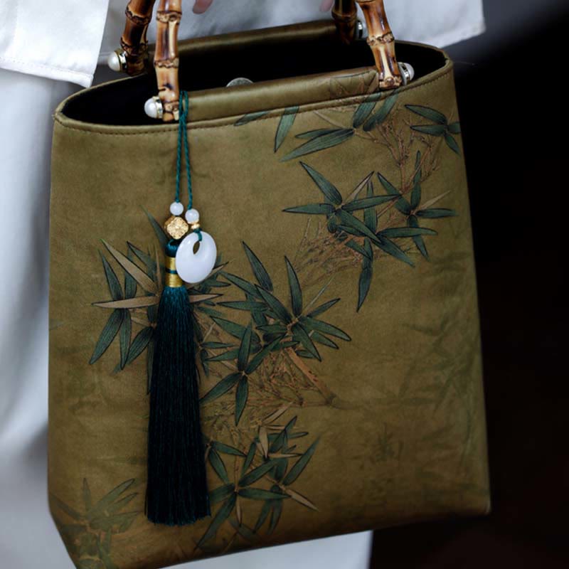 Sac à main en bambou jaune vert avec anses en bambou | Accessoire spirituel