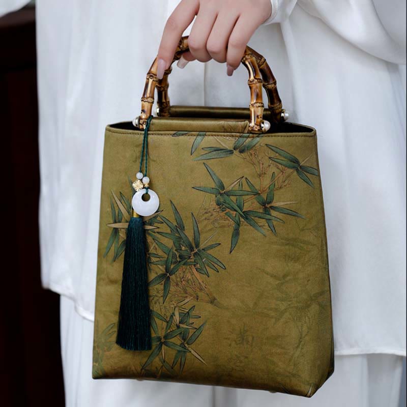 Sac à main en bambou jaune vert avec anses en bambou | Accessoire spirituel
