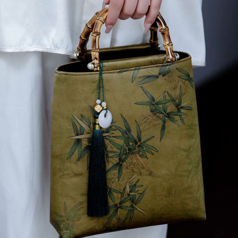 Sac à main en bambou jaune vert avec anses en bambou | Accessoire spirituel