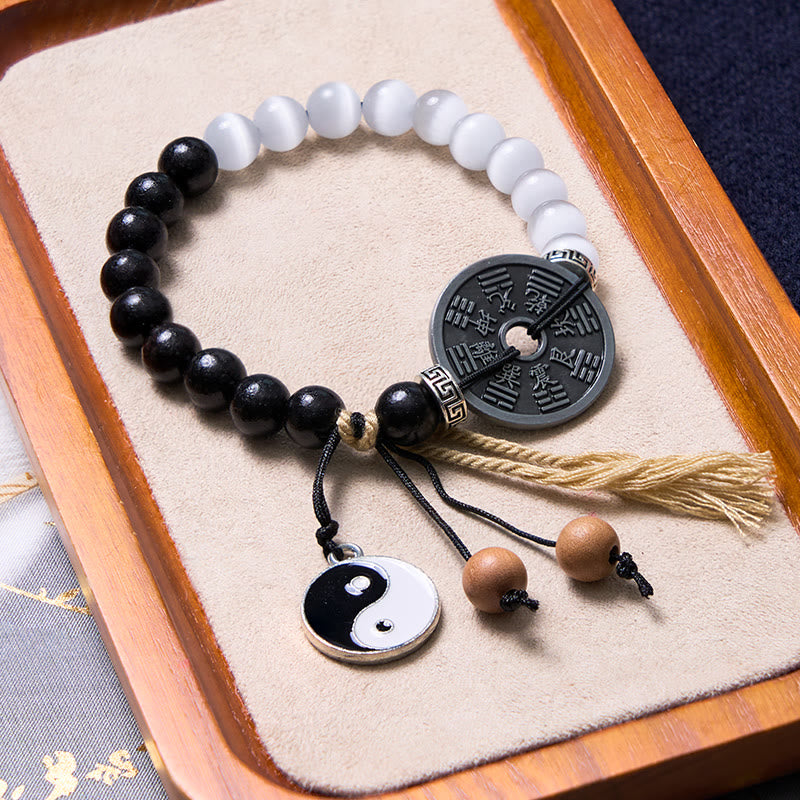 Bracelet de soutien en bois d'ébène œil de chat Yin Yang