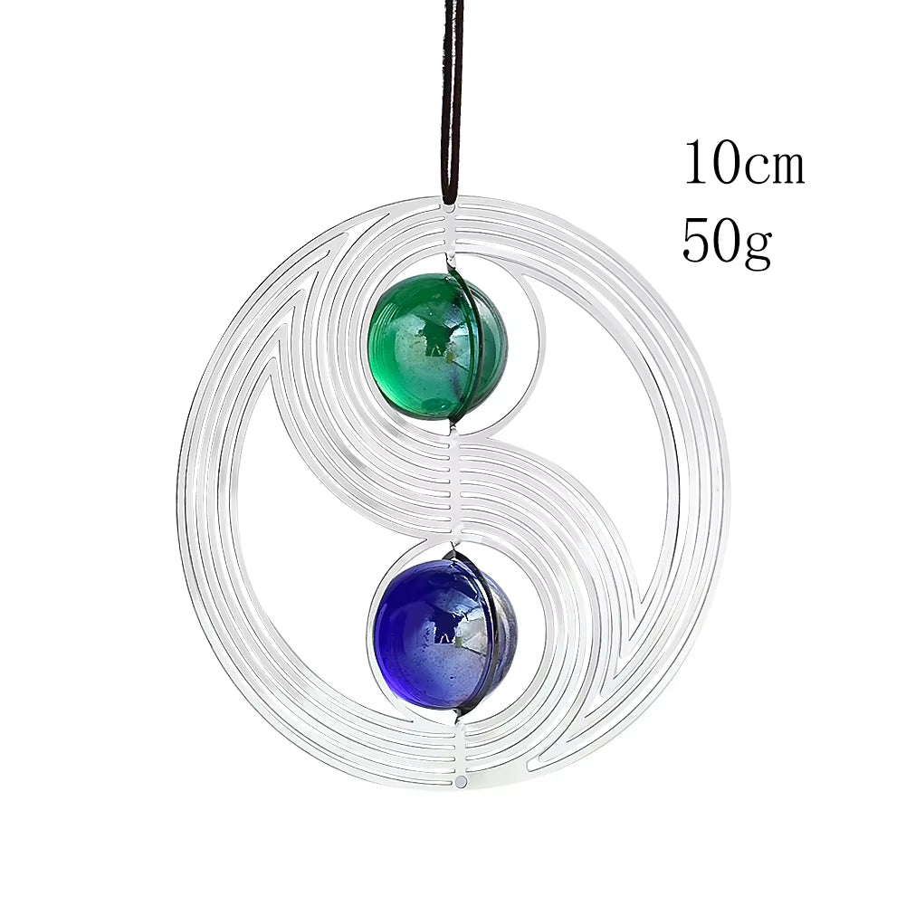 Yin Yang Kinetic Metal Wind Spinner for Garden with green and blue glass marbles