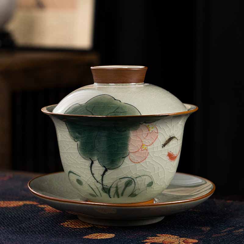 Tasse à thé Gaiwan Zen en céramique motif lotus et poisson koï 140 ml