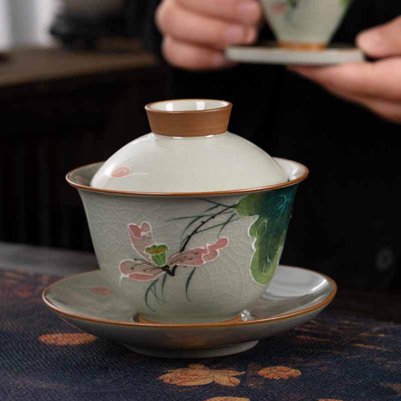 Tasse à thé Gaiwan Zen en céramique motif lotus et poisson koï 140 ml