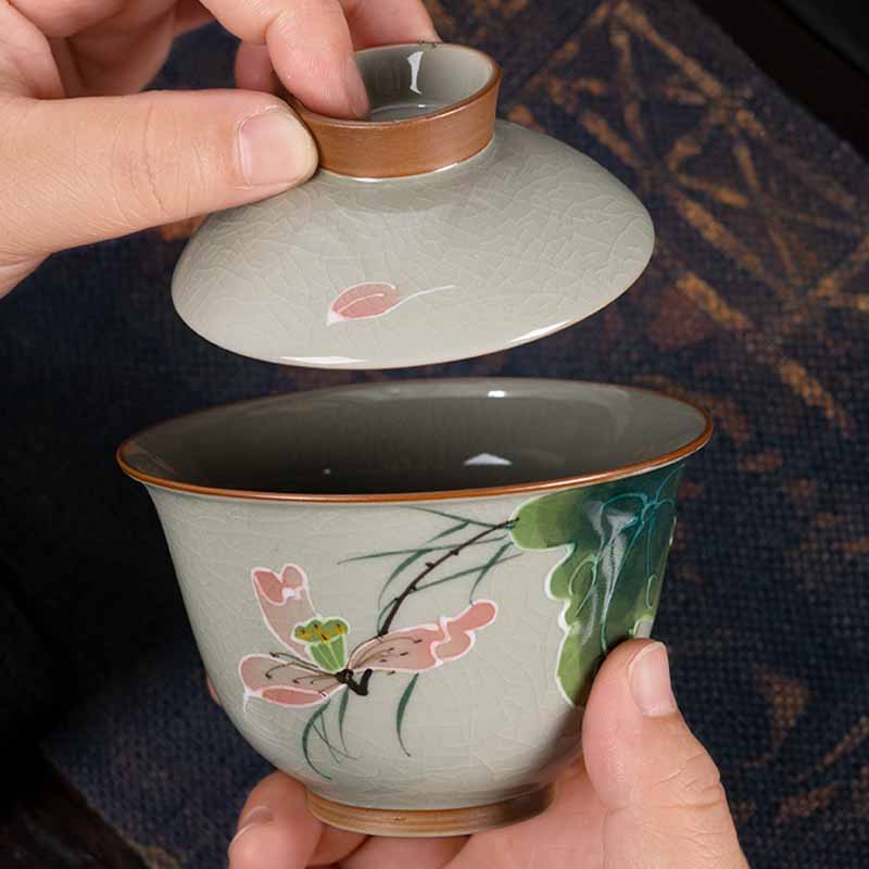 Tasse à thé Gaiwan Zen en céramique motif lotus et poisson koï 140 ml