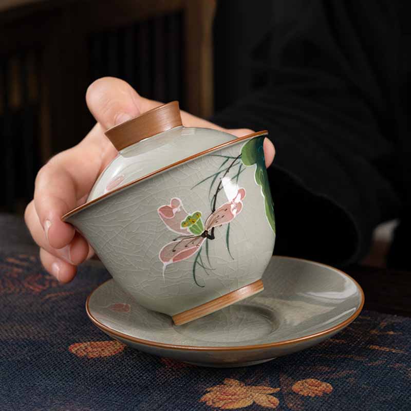 Tasse à thé Gaiwan Zen en céramique motif lotus et poisson koï 140 ml