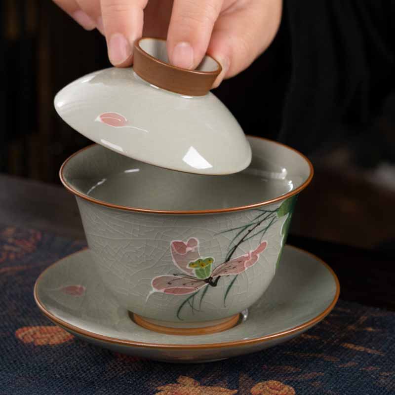 Tasse à thé Gaiwan Zen en céramique motif lotus et poisson koï 140 ml