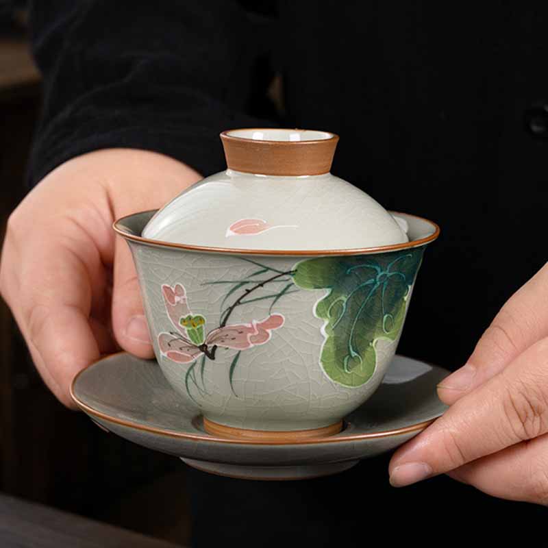 Tasse à thé Gaiwan Zen en céramique motif lotus et poisson koï 140 ml