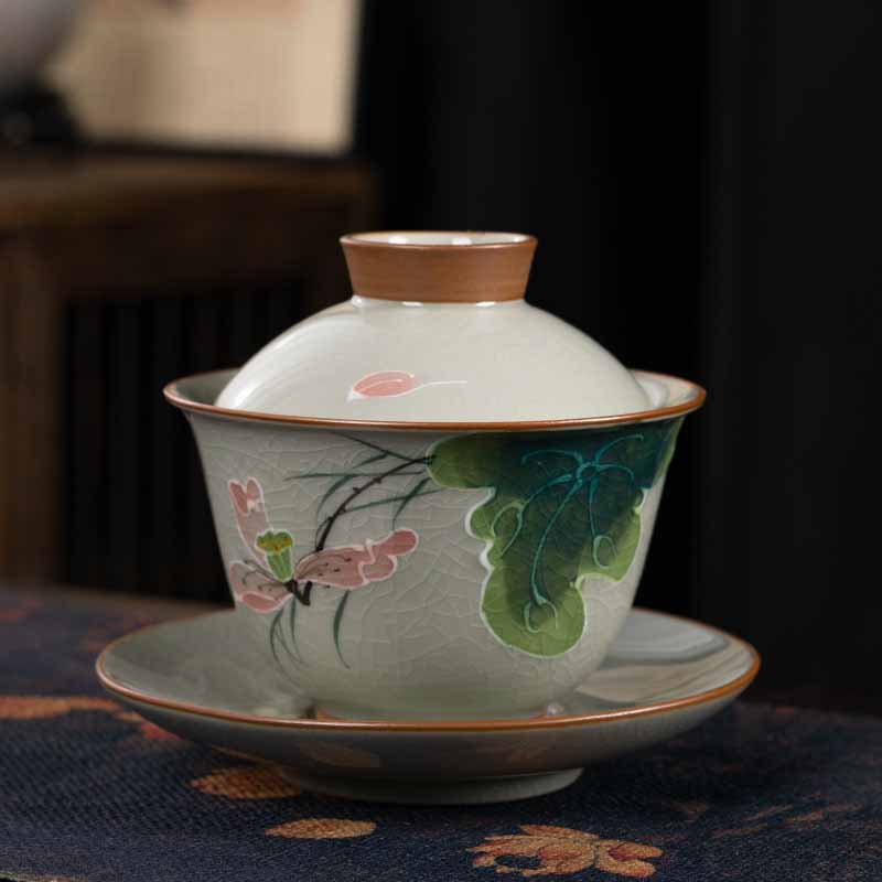 Tasse à thé Gaiwan Zen en céramique motif lotus et poisson koï 140 ml