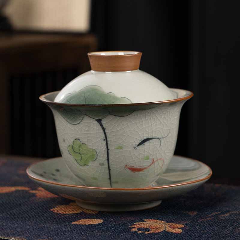Tasse à thé Gaiwan Zen en céramique motif lotus et poisson koï 140 ml