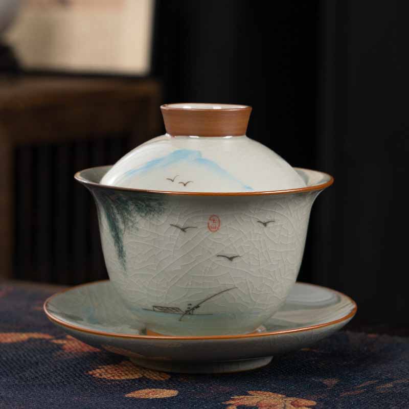 Tasse à thé Gaiwan Zen en céramique motif lotus et poisson koï 140 ml