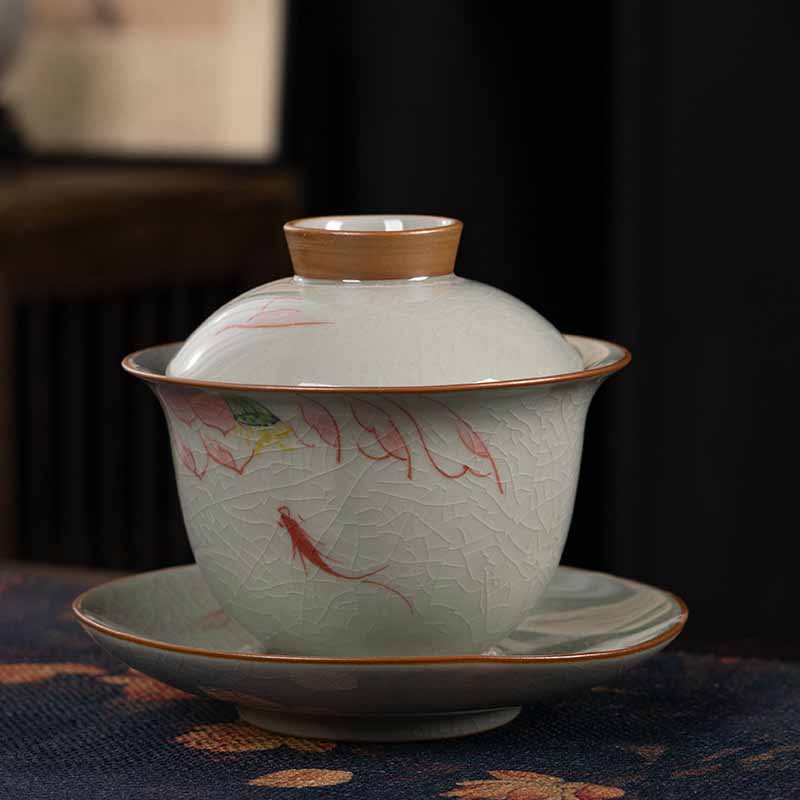 Tasse à thé Gaiwan Zen en céramique motif lotus et poisson koï 140 ml